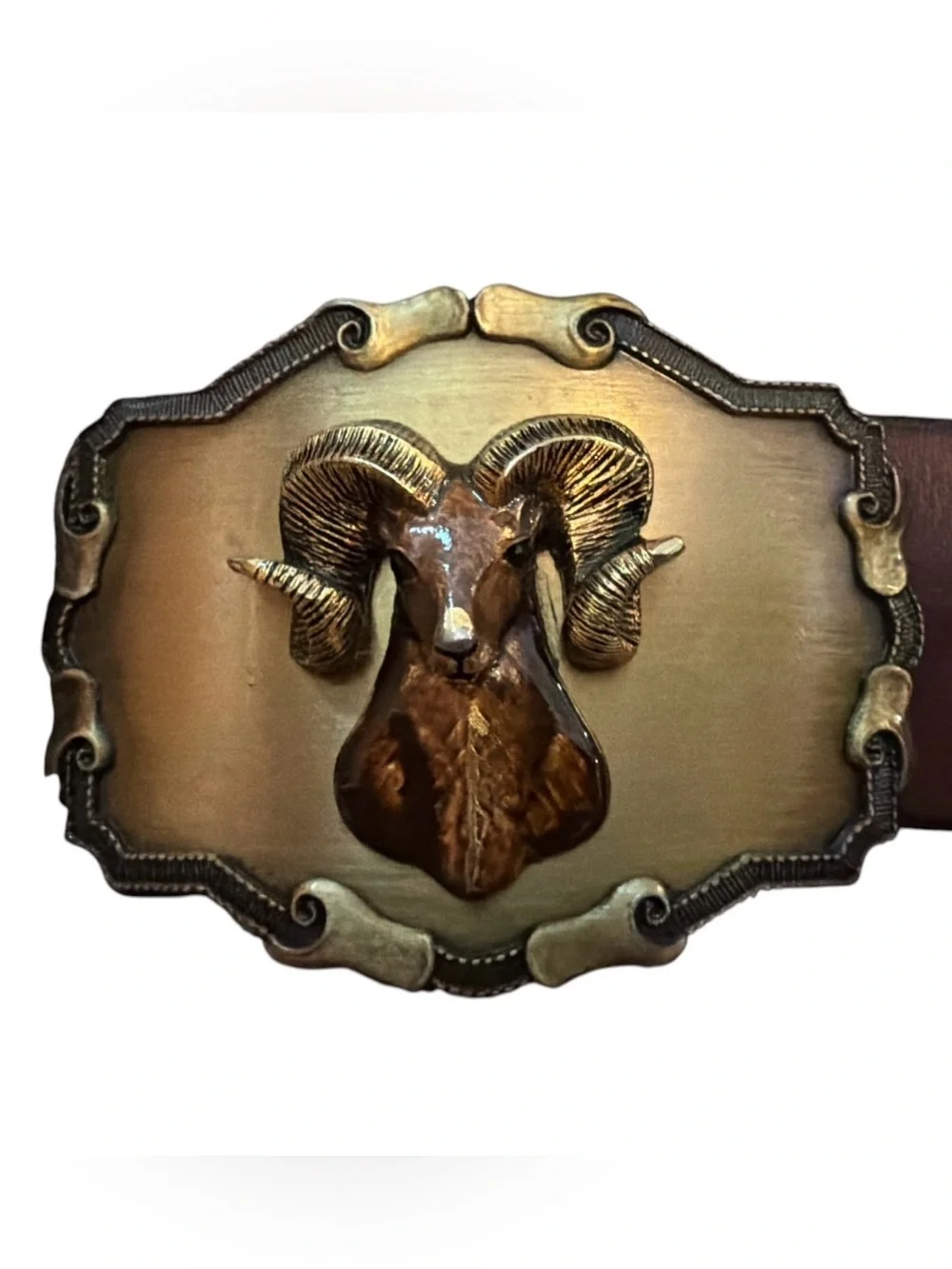 Vintage 70’s Leather Raintree Belt Brass Big Horn Ram Buckle Made In USA Western